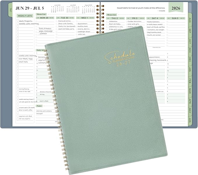 Appointment Book 2026-2027- Business Planner, JUL 2026 - JUN 2027,Planner 2026-2027, 3-Tier Schedule Planner, 8.74" x 11.38", 60 Minutes Intervals + Monthly Tabs + Leather Cover + Pocket - Pea Green