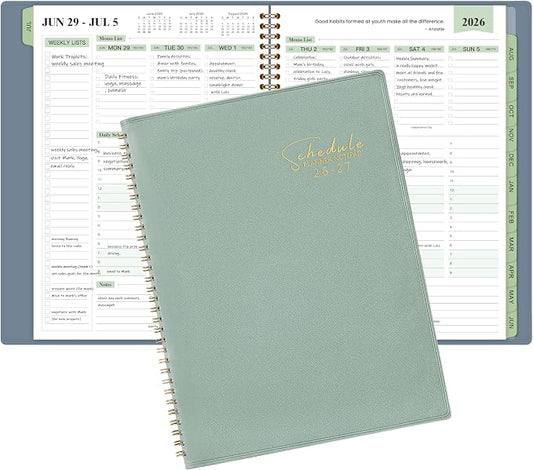 Appointment Book 2026-2027- Business Planner, JUL 2026 - JUN 2027,Planner 2026-2027, 3-Tier Schedule Planner, 8.74" x 11.38", 60 Minutes Intervals + Monthly Tabs + Leather Cover + Pocket - Pea Green