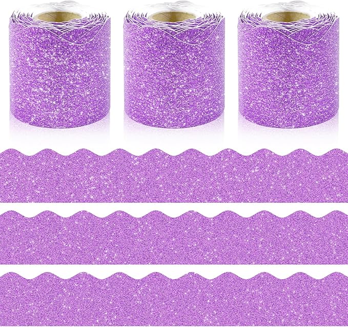 3 Rolls 98.4 Ft Glitter Bulletin Board Borders Set - Light Purple Bulletin Board Decorations for Classroom, Office，School Supplies & Home DIY - Perfect for Teachers, Posters & Birthday Party Decor
