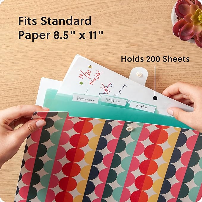 U Brands Poly 6 Pocket Expandable Folder with Tabs, Colorful Cubist, 1 Count, 1/5-cut tabs and 14 Blank Adhesive Labels