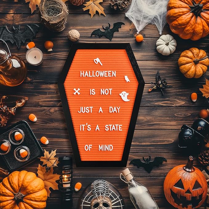 Coffin Letter Board - 520 Characters Spooky Halloween Characters with Wooden Stand and Canvas Bag - 16x11 Inches - Felt Message Board for Home Office Halloween Supplies & Decor (Orange)
