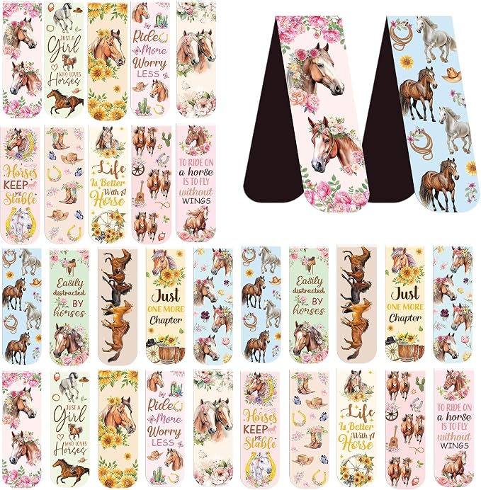 Horse Flower Book Magnetic Bookmarks: 30 PCS Watercolor Western Style Floral Bookmarks, Cute Animals Book Mark Clips for Reading, Gifts for Women Kids Girls Boys Book Lovers, School Office Supplies