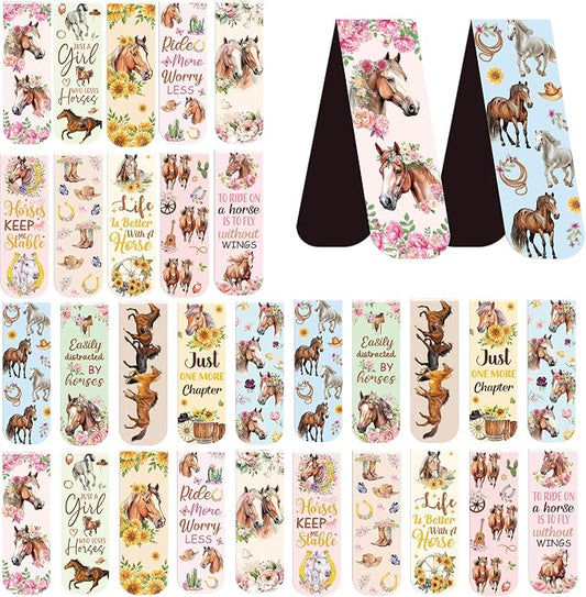 Horse Flower Book Magnetic Bookmarks: 30 PCS Watercolor Western Style Floral Bookmarks, Cute Animals Book Mark Clips for Reading, Gifts for Women Kids Girls Boys Book Lovers, School Office Supplies