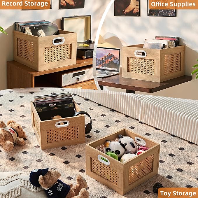 LELELINKY Vinyl Record Storage Crate, Rattan Vinyl Record Holder with Handle, Natural Wood Record Crate for Vinyls Holder up to 75 LP's, Desktop Cube Album Storage for Vinyls Records