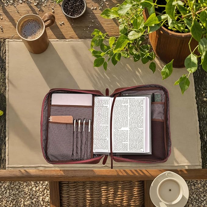 LEATHER VILLAGE Genuine Leather Bible Cover with Zipper for Men & Women - Large Bible Case Carrying Bag Book Cover & Organizer with Handle and Pockets - Leather Bible Covers for Church Study - Fuchsia