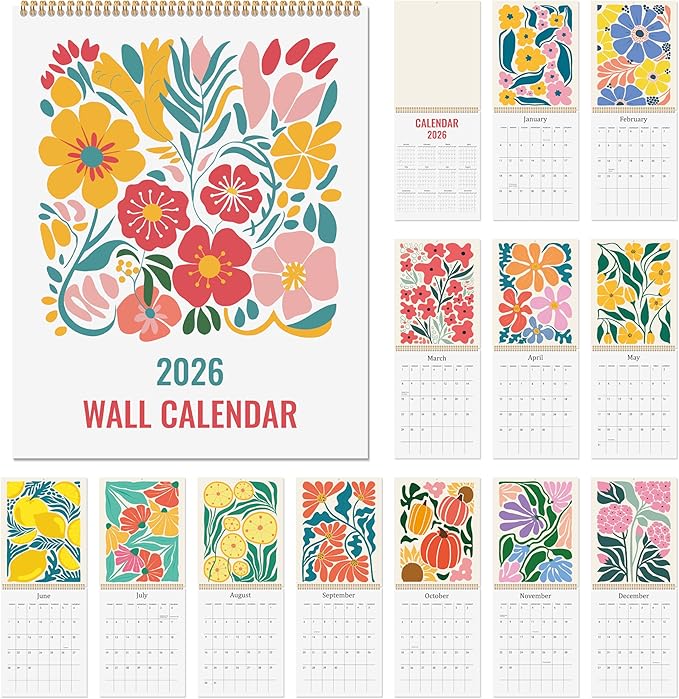 JAPBOR Wall Hanging Calendar 2026-12 Months Hanging Calendar Planner, Aesthetic Floral Flower Abstract Design Weekly Monthly Organizer for Home Office Living Room 2025-2026 (14" x 11")