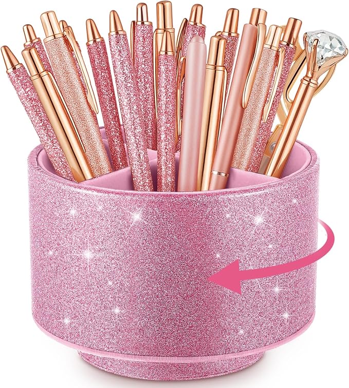 Epakh PU Leather Glitter Pen Holder 360 Degree Spinning Pink Bling Pencil Cup Gift for Teacher Women Girls Makeup Brush Organizer Cup Desk Office Classroom Home Back to School Gift (6 Inch)