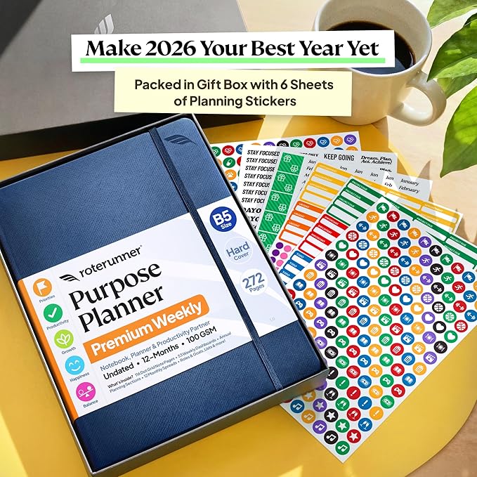 Roterunner Purpose Planner Notebook B5 7.5”x9.8” 12 Month Undated 2026 Daily Weekly and Monthly Productivity Goal Setting Tool for Work Home ADHD Planner for Adults Self Care Journal (Tan)