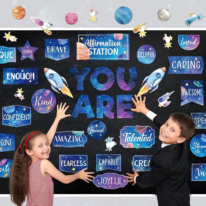 45pcs Space Affirmation Station Bulletin Board Set Motivational Posters Classroom Mirror Growth Mindset Decor Positive Affirmations Accents Cutouts for School Office Home Teacher Wall Supply