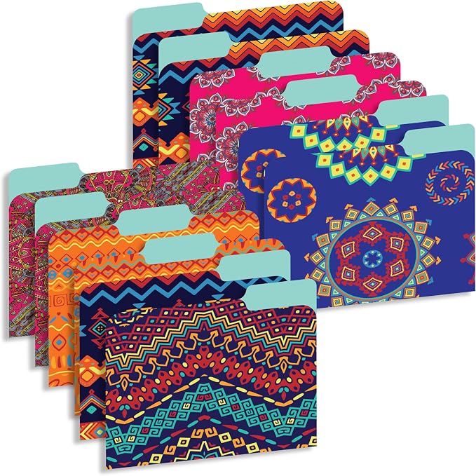 Decorative File Folders 1/3 Cut Tab, 12 Pack Ethnic Design, Heavyweight Laminated Letter Size (9.5” x 11.5”), Stylish Fashion File Folders for Home, Office & School Organization.