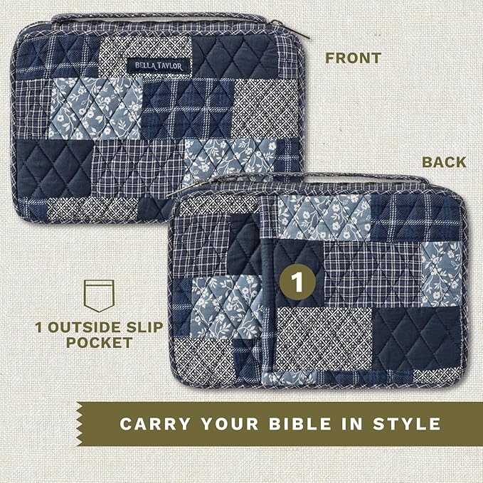 Bella Taylor Small Bible Cover for Women, Quilted Cotton Fabric Bible Case for 6 x 9 inch Bibles, Heritage Blue Patch