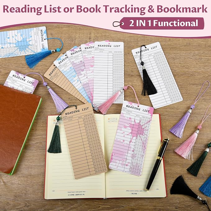 Book Lover Gifts, Vintage Bookmarks,12 PCS Reading List Bookmark with 12 PCS Green Tassels, Book Club Ideas Hosting, Library Card, Book Club Party Deacoration Favors, Book Tracker Book Marker