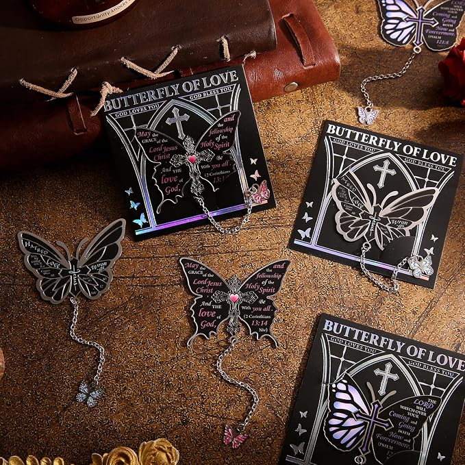 4 PCS Metal Bible Butterfly Bookmarks with Chain, Christian Scripture Inspirational Book Marks for Book Lovers Writers Readers Children Teens for Women Religious Motivational Gift Book Marker Prayer