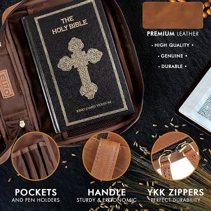 ELIZO Leather Bible Cover for Men Bible Case for Women Zippered Holder Protector Cross Church Tote Bag Carrying Organizer Sleeve Gift Study Tan