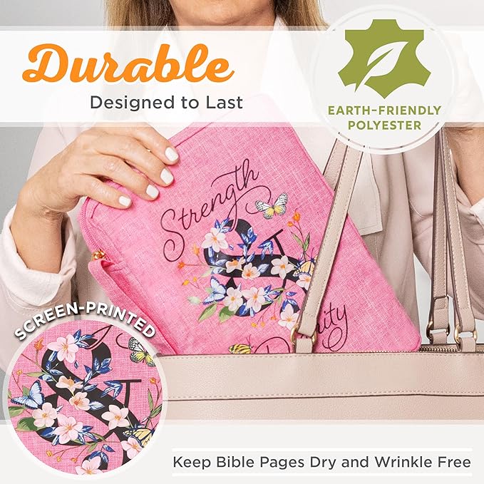 Christian Art Gifts Polyester Canvas Bible Cover for Women w/Zippered Pocket & Pen Storage: Strength & Dignity - Proverbs 31:25 Inspirational Bible Verse Carry Case, Pink Butterfly Floral, Large