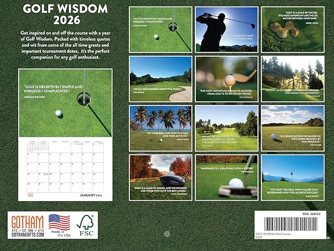 Golf Calendar 2026 Wall 12 Month Course Golf Gifts For MenWomen Golfers Wisdom Calender Monthly | American Made In The USA