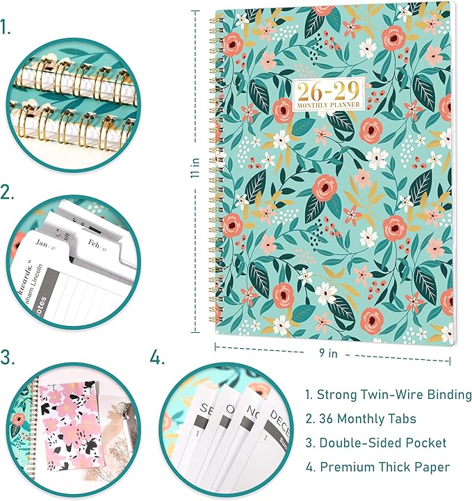 2026-2029 Monthly Planner/Calendar - JUL. 2026 - JUN. 2029, 9" × 11", 3 Year Monthly Planner 2026-2029, Large 36-Month Calendar with Tab, Back Pocket, Twin-Wire Binding, Premium Paper, Note Page