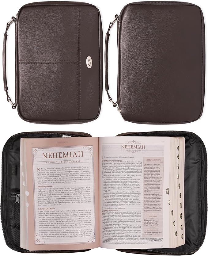 Christian Art Gifts Faux Leather Bible Cover for Men and Women | Ichthus Jesus Fish Emblem Zippered Two-Fold Organizer Case for Bible or Book w/Handle