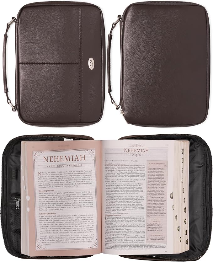 Christian Art Gifts Faux Leather Bible Cover for Men and Women | Ichthus Jesus Fish Emblem Zippered Two-Fold Organizer Case for Bible or Book w/Handle