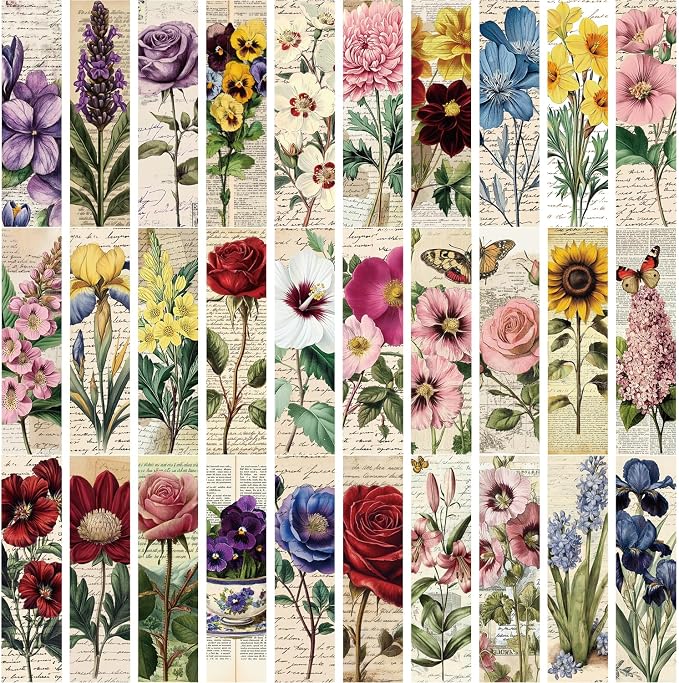 30PCS Nature Pictures of Flowers Paper Bookmarks for Book Lovers, Vintage Aesthetic Bookmark Simple Style Book Accessories Natural Style Book Marks,Boxed Bookmarks Set as Gifts for Students