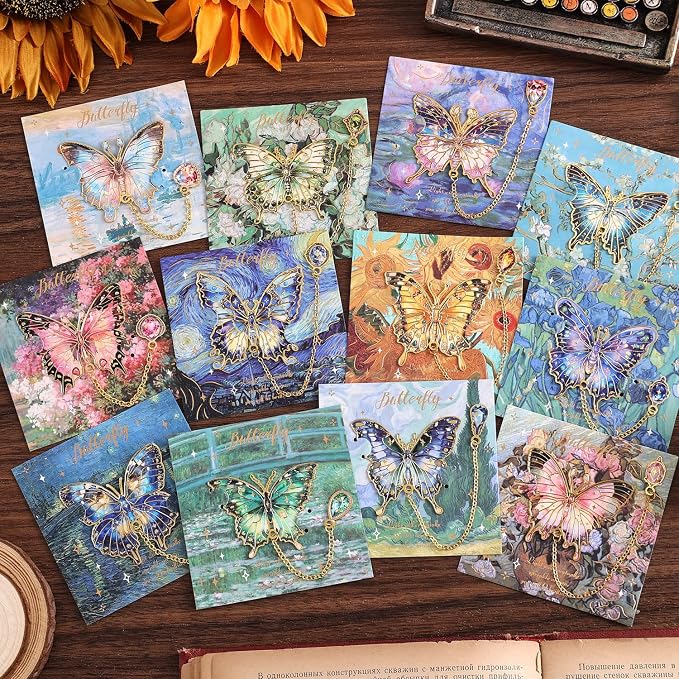 12 Pieces Metal Butterfly Bookmarks with Chain, Golden Hollow Bookmark Monet Oil Painting Theme Book Mark Bookmarks for Book Lovers Women Writers Readers Children Teens