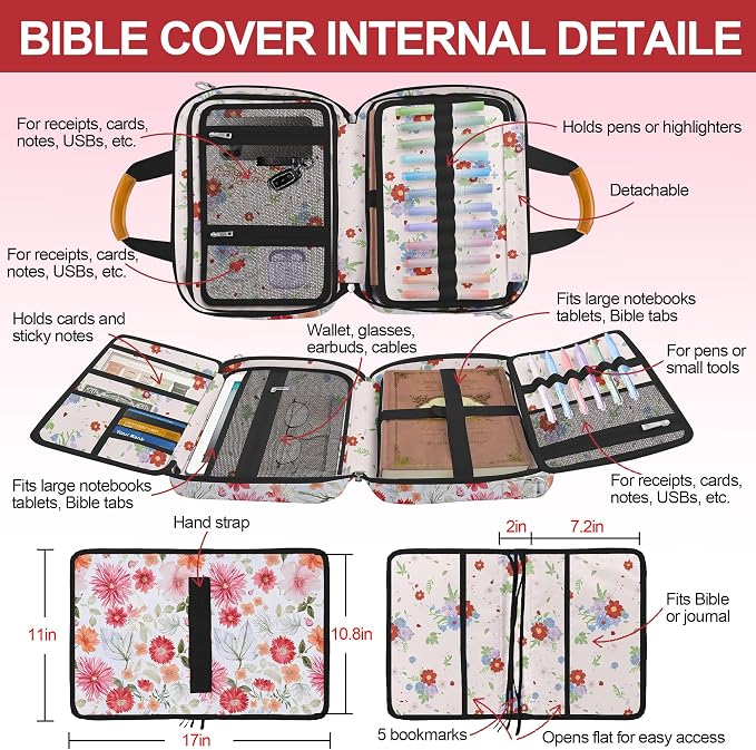 Bible Cover for Women,Bible Carrier,Vintage Floral Flowers Large Bible Bags For Women,Bible Study Supplies for women,Journaling Kit Book Carrying Case Christian Gifts with Bible Highlighters ,Pen,Tabs