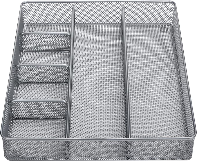 Annova Desk Top Organizer Tray for Office Organization - Metal Mesh - Storage Tray with Dividers for Pens, Desktop Accessories, Bathroom, Kitchen, Makeup and Office Supplies (Large, Silver)