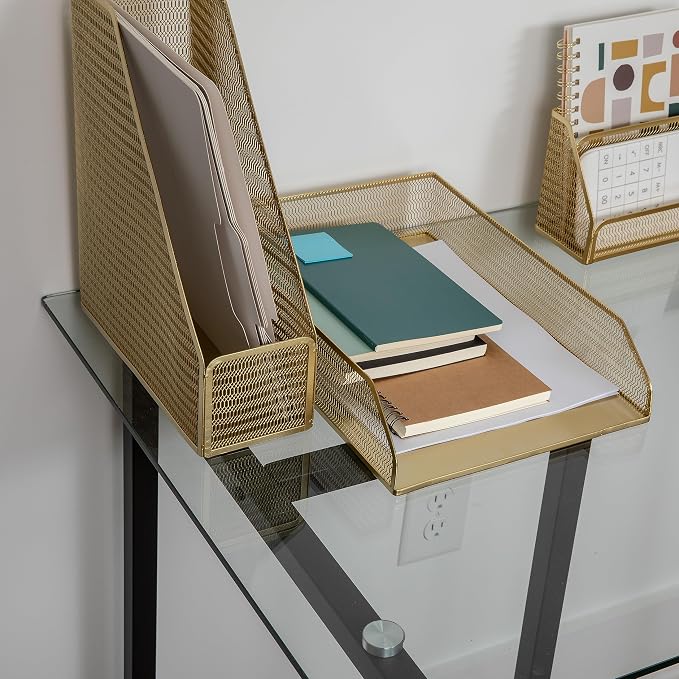 Martha Stewart Ryder 2 Pack Gold Mesh Metal Paper Letter Inbox Tray Desktop Organizer