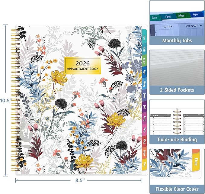 2026 Appointment Book - January - December 2026, Appointment Planner with Weekly ＆ Monthly Spread, 8.5'' x 10.5'', Large, 15 Minute Increments, 2026 Daily Planner with Pockets, Tabs, Flexible Cover