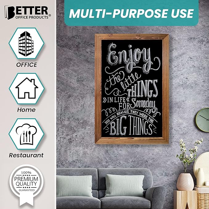 Better Office Products Magnetic Wall Chalkboard Sign, X Large Size 20" x 30", Rustic Wood Frame, Vertical or Horizontal Wall Mount, Includes 4 Chalk Markers + Chalk and Eraser,(Rustic Brown)