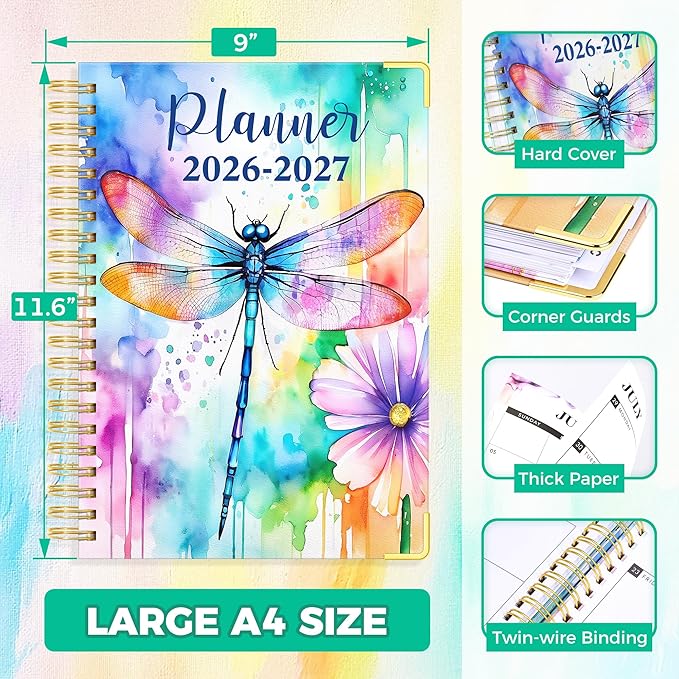 Planner 2026-2027, 18 Month Weekly and Monthly Planner, Jan. 2026 - Jun. 2027, 9" x 11.6" A4 Large Hardcover Calendar Planner with Page Tabs, Separator Page, Inner Pocket, Bookmark, Stickers, Sticky Note Set