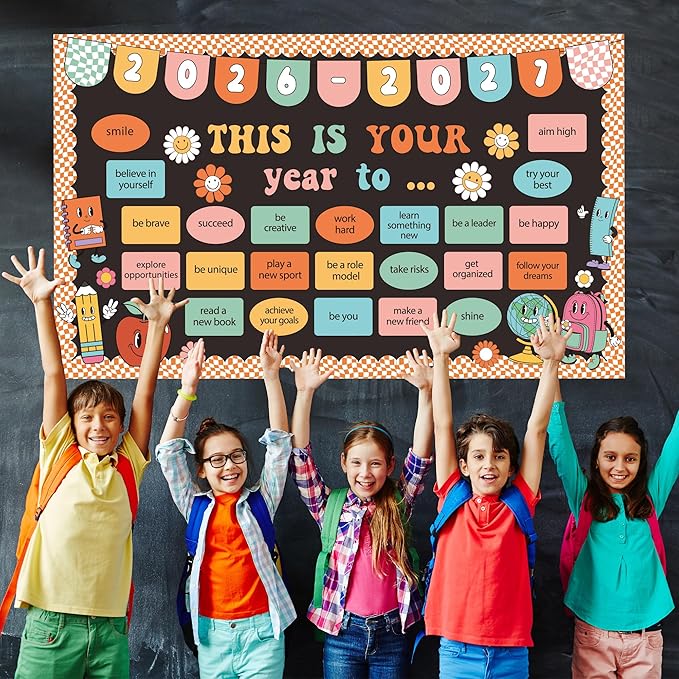 This is Your Year Bulletin Board Set Classroom Decoration Hippie Retro New Year Bulletin Board Set Welcome Back to School Theme Cutouts for School Office Chalkboard Wall Learning Activities Decoration