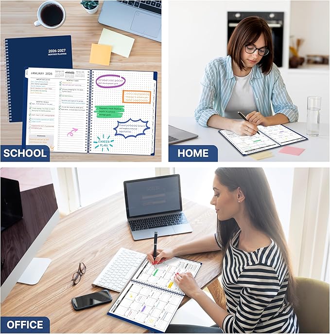 2026-2027 Monthly Planner, 18 Monthly Calendar Planner, January 2026 - June 2027, 8’’ x 10’’, 2026 Spiral Agenda with Tabs ＆Pocket, Flexible Cover, Organizer Notebook for Office Home School, Blue