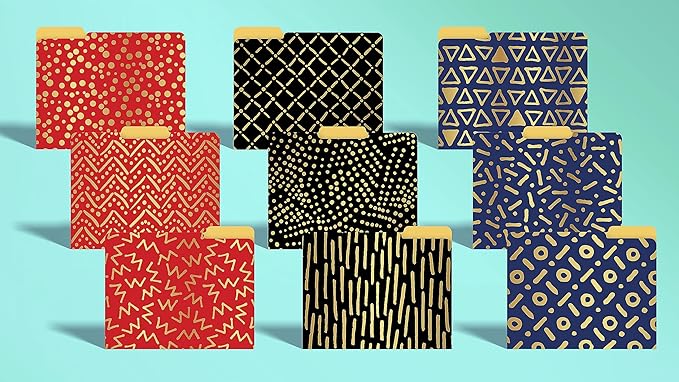 Better Office Products Decorative File Folders with Gold Foil, 18 Pack, 9 Geometric Designs, Red/Black/Blue Color Theme, Heavyweight, Letter Size (9.5" x 11.5") with 1/3 Cut Tab, Fashion Folders
