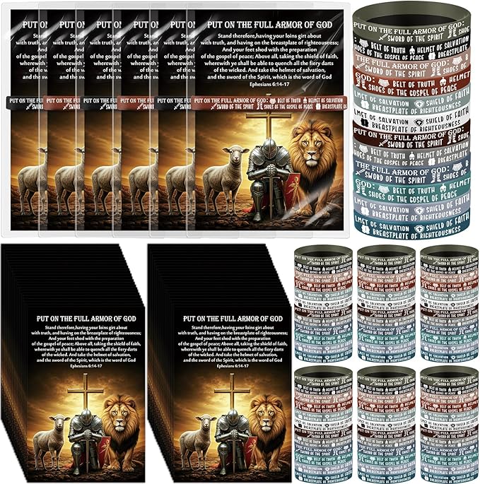 Wavwavw 60 Sets Put on The Full Armor of God Gifts Bulk Christian Pastor Bible Verse Wristband Bracelets Bookmarks Templar Knight Religious Supplies for Sunday School (Multicolor)