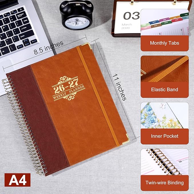 Planner 2026-2027, Leather Two-Tone Planner, 18 Month Weekly and Monthly Planner Calendar with Tabs, Jul 2026–Dec 2027, Large 8.5" x 11" A4 Hardcover Spiral Agenda Planner for Home, School and Work （Rust Brown）