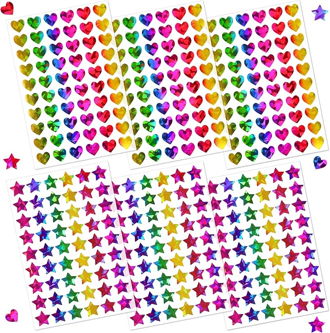 1710 Holographic Star and Heart Stickers 0.6", Self-Adhesive for Kids Rewards, Classroom Supplies, Behavior Charts, Student Incentives, Planner, Scrapbooking, DIY Crafts, Party Favors, Holiday Decor