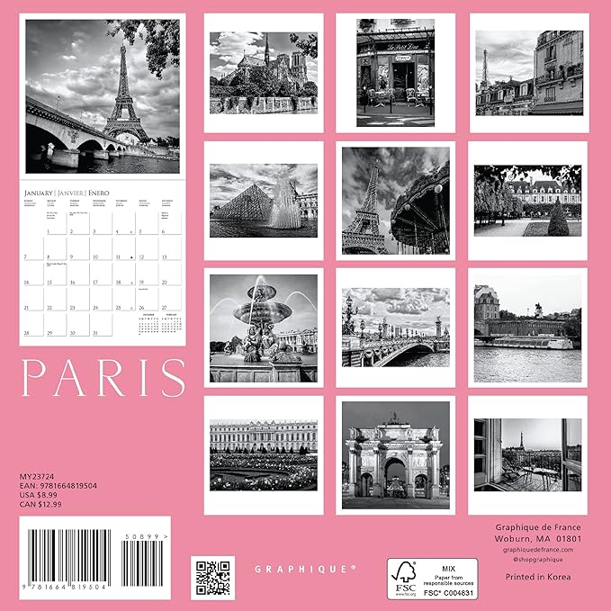 Graphique 2024 Paris Mini Wall Calendar | 7” x 7” | Thick Paper | Home & Office Organizer | Large Monthly Grid | 3 Languages & Marked Holidays | 4 Month Preview Page for 2025