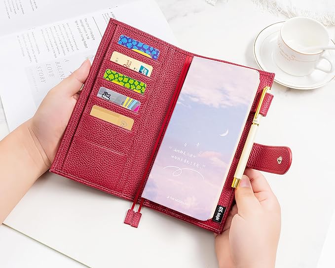 Genuine Leather Cover for Hobonichi Weeks/Weeks Mega with Pen Loop, Card Slots, Back Pocket, and Bookmarks (Red)