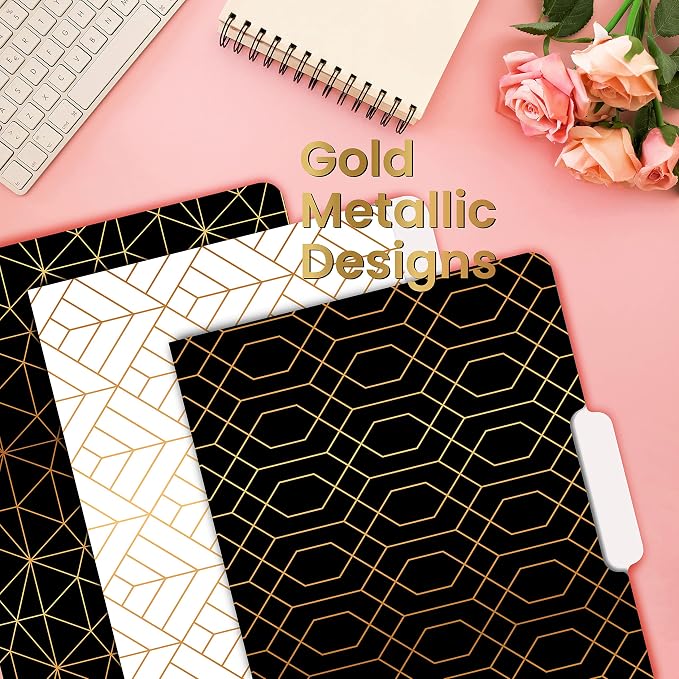 Better Office Products Decorative File Folders, 24 Pack, 8 Designs (4 Black & 4 White) Heavyweight, Letter Size (9.5" x 11.5") with 1/3 Cut Tab, Geometric Gold Foil Designs, Fashion Folders
