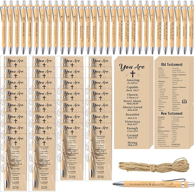Haooryx Christian Bible Pen Bookmark - 30-Piece Christian Bible Verse Bamboo Inspirational Pens Bookmark Set You are Amazing Scripture Biblical Bookmark Church Multi-Item Party Favor Packs Gifts Bulk