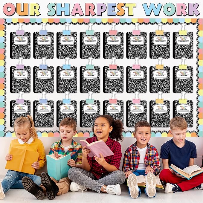JarThenaAMCS Student Work Display Bulletin Board Decoration Set Composition Notebook Clips Inspirational Paper Cutouts for Back to School Classroom Chalkboard Wall Decor Teacher Supplies