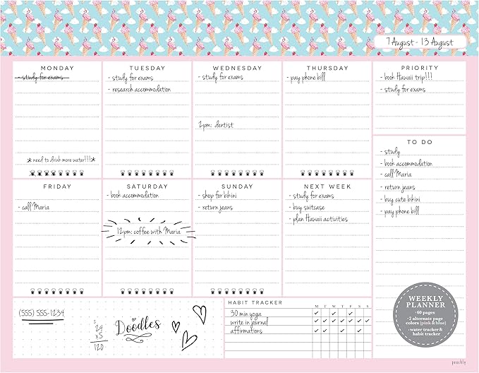 Undated Desk Planner Pad - 52 Pages Weekly Notepad with To Do List and Habit Tracker | Weekly Desk Pad Tear Off for Organization (Ice Cream)