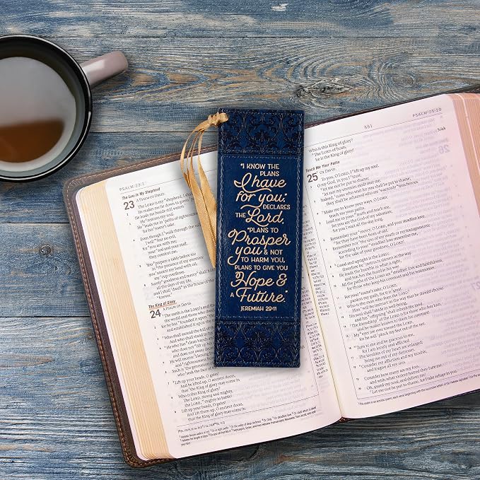 Christian Art Gifts Navy Blue & Gold Premium Vegan Leather Scripture Bookmark for Women: I Know the Plans - Jer. 29:11 Inspirational Bible Verse w/Dark Golden Satin Ribbon & Debossed Floral Design