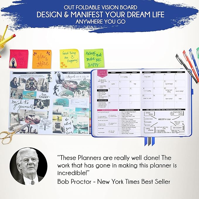 Deluxe Weekly and Monthly Planner | Law of Attraction Planner with Productivity App | 12-Month for Productivity, Gratitude & Goal Setting | Includes Foldable Vision Board, Gift Box & Stickers