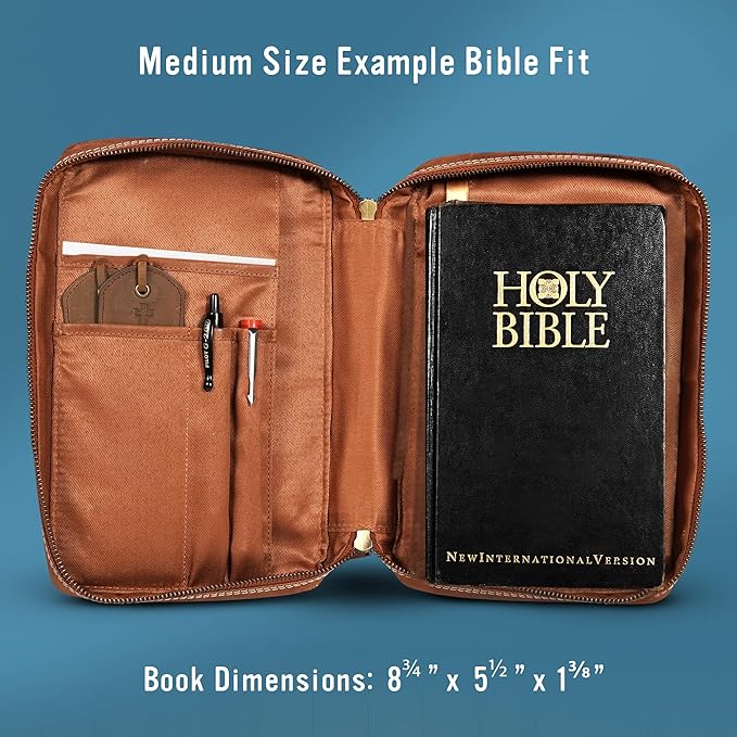 Hunter & Scribe Leather Bible Covers for Men and Women - Top Grain Buffalo Leather - Genuine Leather Bible Cover with Pockets, Zipper, and Bookmark - Bible case - Book Cover - Medium Light Brown