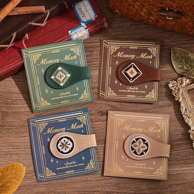 4PCS Vintage Magnetic Leather Bookmark, Leather Magnetic Bookmarks for Women, Magnetic PU Bookmarks Clip Book Accessories, Embroidery Pattern