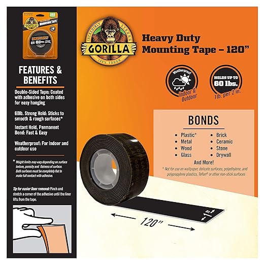 Gorilla Heavy Duty, Extra Long Double Sided Mounting Tape, 1" x 120", Black, (Pack of 2) & Tough & Clear Double Sided Tape Squares, 24 1" Pre-Cut Mounting Squares, Clear, (Pack of 1)