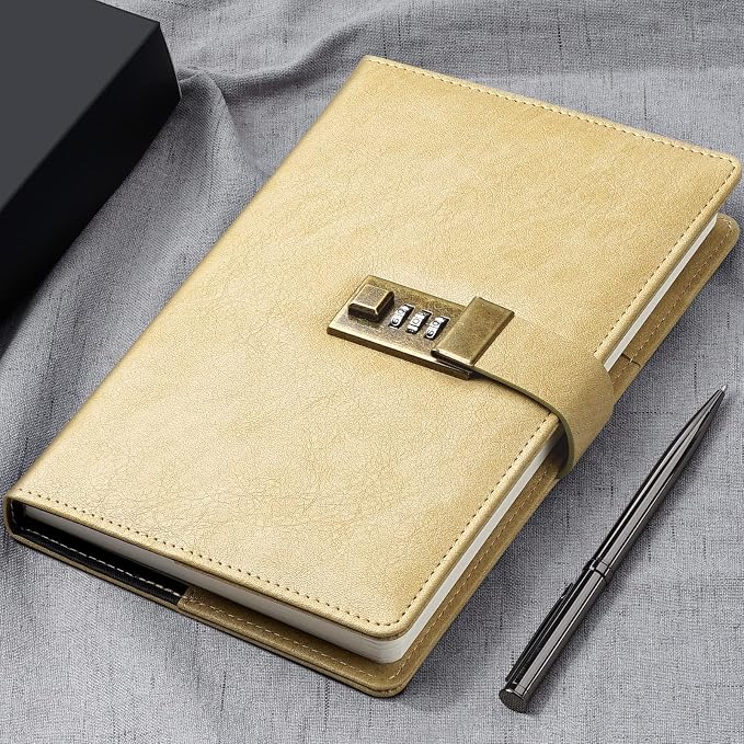 WEMATE Diary with Lock, A5 PU Leather Journal with Lock 240 Pages, Vintage Lock Journal Password Protected Notebook with Pen & Gift Box, Lock Diary Planner Organizer for Men and Women, 8.6x5.8in