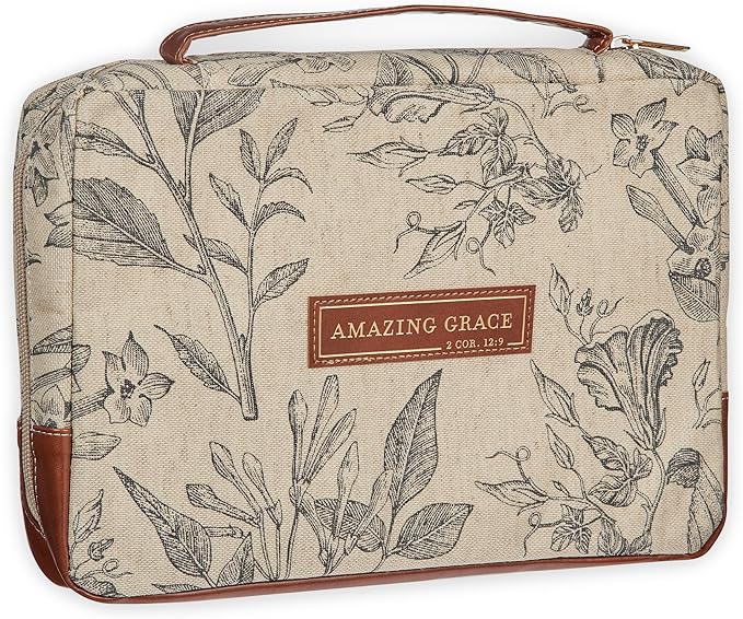 Christian Art Gifts Women's Premium Natural Canvas Vegan Leather Fashion Bible Cover: Amazing Grace - Inspirational Scripture, Sturdy Protective Book Carry Case Accessory, Creamy Brown Floral, Large